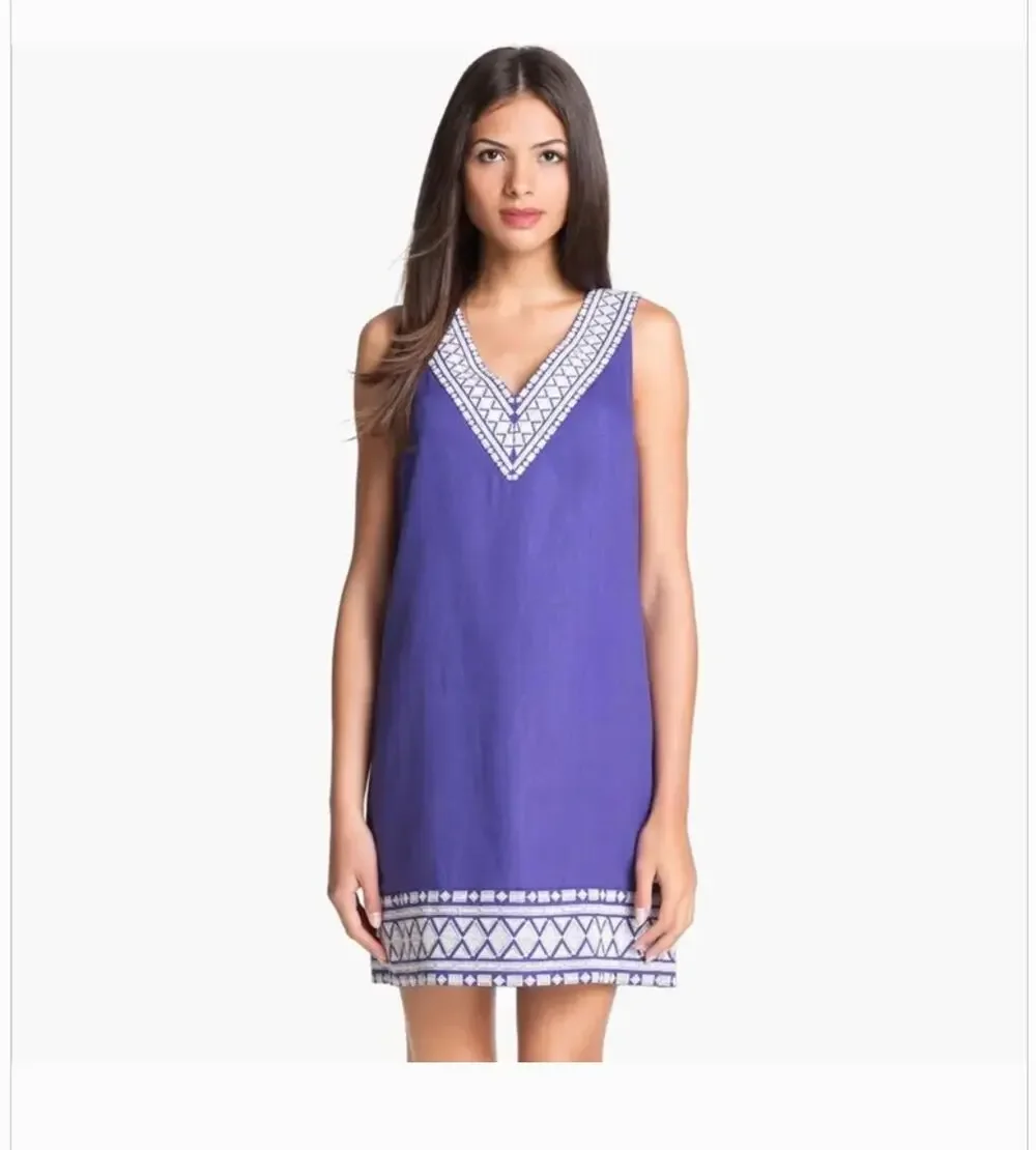 Kate Spade Laureen Linen Dress 10 Embroidered Purple Coastal Resort Travel Prep